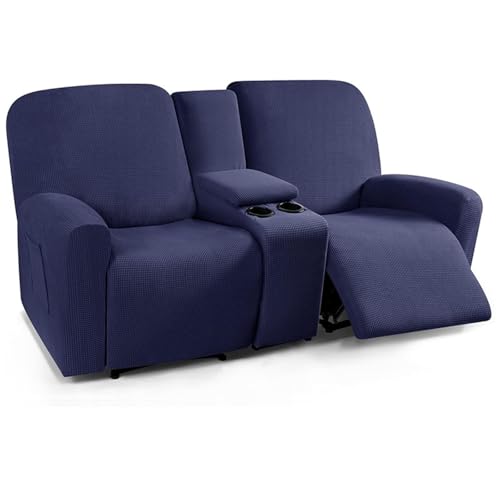 MKKBOB Recliner Sofa Covers 2 Seater with Center Console,Recliner Loveseat Cover with Center Console Sofa Slipcover Split Stretch Anti-Skid Couch Cover for 2 Seat Reclining Sofa(Navy Blue)