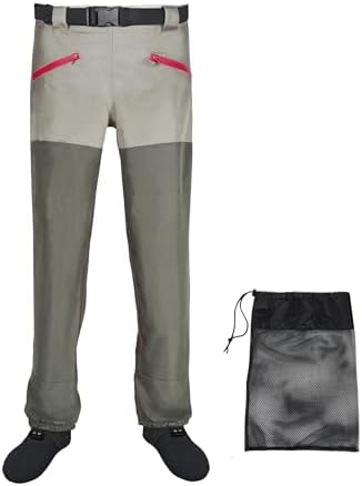 JUSTOOP Waist Wader Pants for Men and Women, 3-Ply Breathable Waterproof Fishing Waders with Pockets and Durable Stockingfoot, Size XL Grey