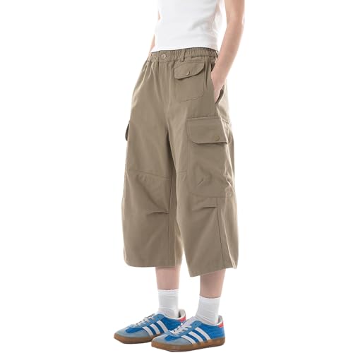 Baggy Cargo Pants for Women Casual Summer High Waisted Wide Leg Cropped Pants Capri Shorts with Pockets4