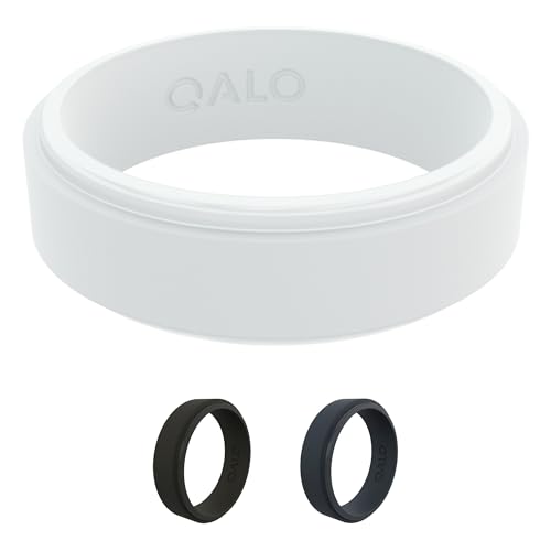 QALO Silicone Ring for Men & Women, White (Size 9) - Narrow Polished Step Edge - Male & Female Wedding Bands - Unisex Silicone Rings - Rubber Engagement Rings for Him & Her - 6.5mm x 2mm