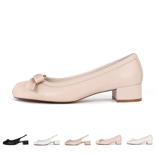 Women's Genuine Leather Bow Tie Low Chunky Block Heel Pumps Fashion Closed Square Toe Slingback Slip On Work Pumps Wedding Party Business Dress Shoes