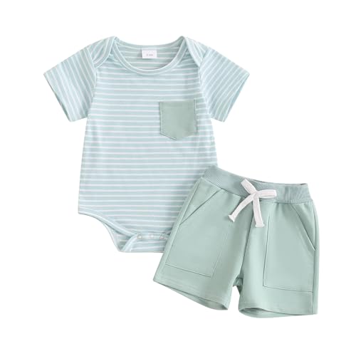 Image of Newborn Baby Boy Girl Clothes 3 6 9 12 18 Months Ribbed Knit Short Sleeve Romper Shorts Set Infant Summer Outfits