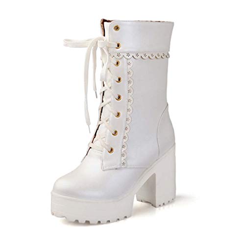 Elyffany Lolita Botas de tacón Alto para Cosplay con Encaje para Mujer, Blanco (Blanco), 38.5 EU