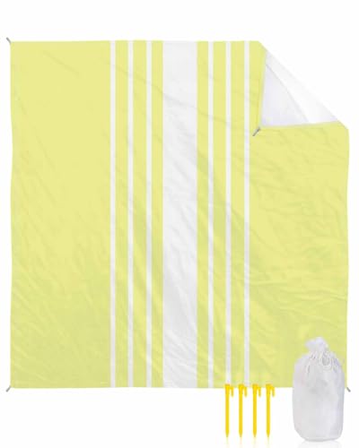 Yellow White Beach Blanket Large with Stakes Waterproof Sandproof,Modern Striped Monochrome Geometric Simple Foldable Beach Mat with Corner Pockets for Outdoor Travel Camping Hiking Picnic 84