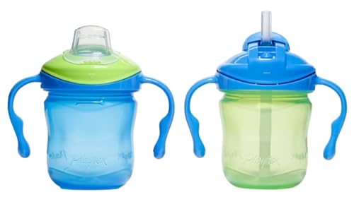 Image of Playtex Baby Sipsters for 4+ Months, 6 Ounces (2 Count), Blue & Green, 1 Straw Sippy Cup and 1 Soft Spout Toddler Water Bottle for Kids, Easy-grip, No Spill Baby Cups with Transition Handles, Stage 1