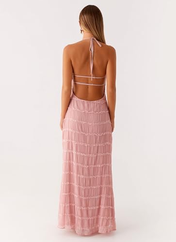 Image of Argeousgor Women Halter Neck Backless Summer Dresses 2025 Sleeveless Tiered Ruffle A-Line Flowy Cocktail Party Maxi Dress