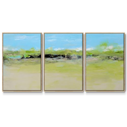 Renditions Gallery Abstract Wall Art Green Grasslands Trees Painting Modern Landscape Botanical Artwork Canvas Prints Wall Decor for Kitchen and Bathroom-Natural Floater Frame-24”x36”x3 Panels, LS014