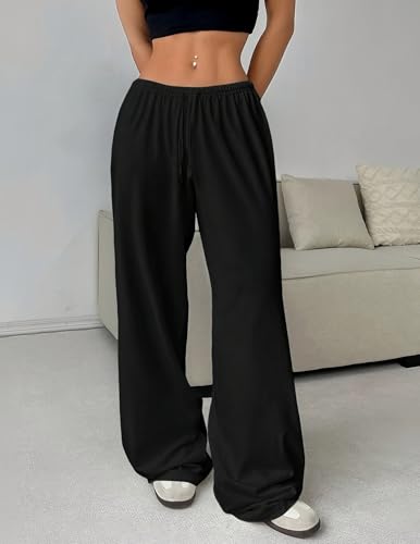 Women’s Solid Color Wide Leg Pants, Elastic Waist Drawstring Casual Trousers, Loose Fit Lounge Pants for Daily Wear3