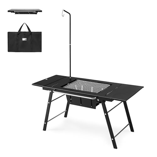 Naturehike Portable IGT Table with Charcoal Grill, Folding Camping Table and BBQ Grill with Desk Extension & Lantern Stand, Perfect for Outdoor Barbecue Camping Cooking Travel Picnic