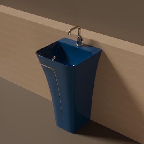 Image of Pedestal Wash Basin, Ceramic One Piece Wash Basin for Bathroom & Living Room, Modern Home Wash Basin with Glossy White Finish (L15XW15.8XH35 Inch) (Royal Blue + Yellow Line)