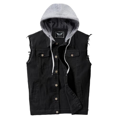 Men's Denim Vest Casual Button Stretchy Distressed Jean Sleeveless Jacket with Hood