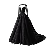 TRHTX Women's Black Long Sleeve Wedding Dresses for Bride A-line Lace Wedding Bridal Gowns with Long Train Tulle Gothic Vestidos de Novia Size 12