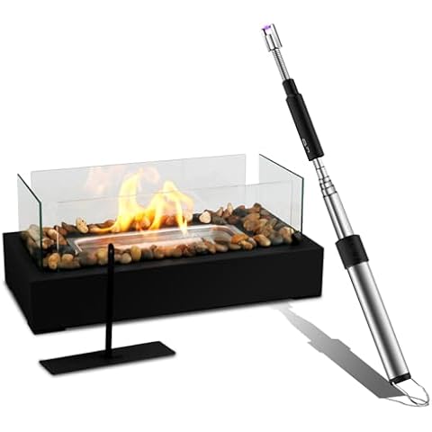 Tabletop Fire Pit 4 Windshields+ Lighter Electric Lighter USB Arc Lighter 360° Flexible Neck, Safer Stainless Steel Small Table Fireplace with Cobblestone Cover