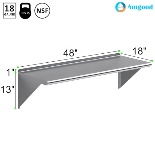 Image of AmGood 48 inch Long X 18 inch Deep Stainless Steel Wall Shelf | NSF Certified | Appliance & Equipment Metal Shelving | Kitchen, Restaurant, Garage, Laundry, Utility Room