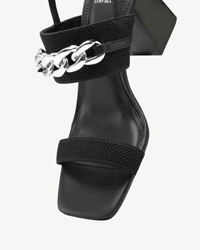 COSY Women's Knit Square Toe Sandals - Chunky Block Heel Slip-Ons with Metal Chain Strap, Non-Slip Comfort Slides for Walking, Shopping, Parties4