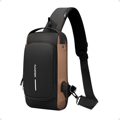Shoulder Bag Masculina Transversal, Compacta e Resistente, Bolsa Tiracolo Estilosa para Uso Diário, Viagens, Academia e Esportes, Alça Ajustável, Design Moderno e Impermeável (Preto com marrom)
