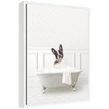 Kate and Laurel French Bulldog in White Bathtub Framed Canvas Wall Art by Amy Peterson 18 x 24 Sylvie White, Whimsical, Animals, Bathroom Art for Wall Decor, Living Room, Bedroom