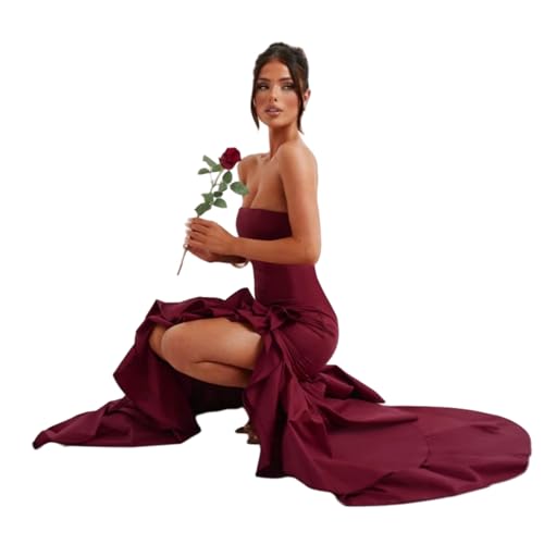 Image of Women's Sexy Strapless Backless High Split Long Maxi Dress Ruched Off Shoulder Sleeveless Bodycon Party Cocktail Dresses