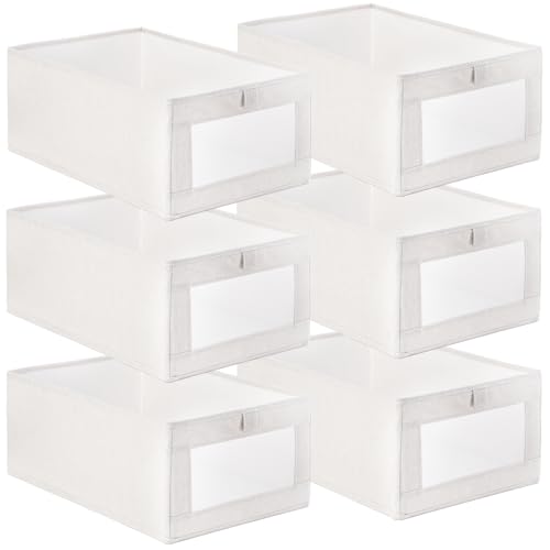 Coloch 6 Pack Linen Storage Bins with Clear Window, Collapsible Closet Storage Box Fabric Clothing Organizer Stackable Organizer Basket for Folded Clothes, Jeans, Toy, Book, Shelves, Closet, Beige