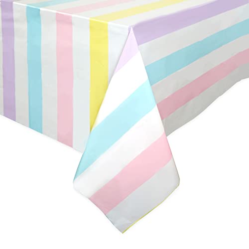 Image of BLUE PANDA 3-Pack Pastel Striped Party Tablecloths - 54 x 108 Inch Rectangular - Disposable Plastic Table Covers for Ice Cream Party Decorations & Kids Birthday Photo Backdrop