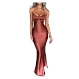 USOHJZ Abito da donna sexy in raso con schiena scoperta e lacci, aderente, elegante, in seta, festa(Brown,S)