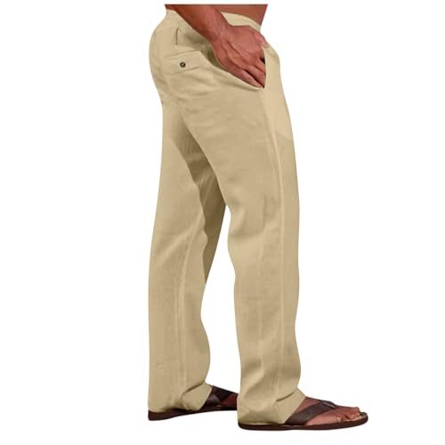 Mens Linen Pants Yoga Beach Loose Fit Casual Elastic Waist Drawstring Trousers with Pockets