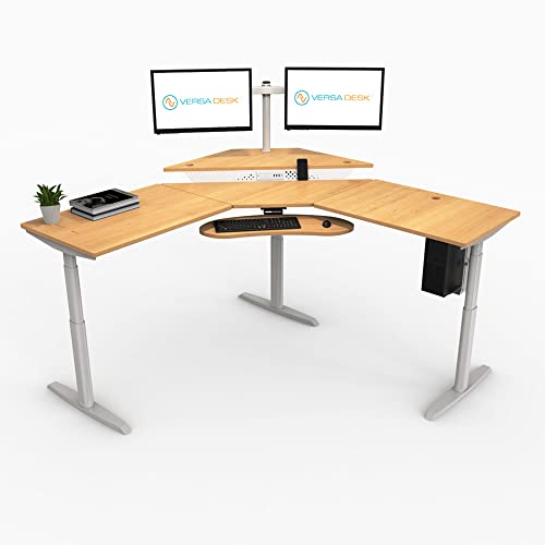 Image of VERSADESK 72 inch x 72 inch Electric L-Shaped Corner Standing Desk, Commercial Grade Height Adjustable Sit Stand Workstation, Ergonomic Computer Desk for Home Office, White Frame, Maple Surface