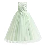 Little Big Girl Bridesmaid Pageant Flower Princess Wedding Formal Prom Floor Long Tulle Dress 7-16T Dance Evening Maxi Gown Aqua Turquoise 14-15Years