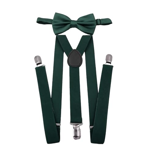 XDGBGFN Fliege Hosenträger Set Herren mit Drei Clips Hosenträger Verstellbar und Elastisch Rückenband Hosenträger und Fliege für Herren (grün)