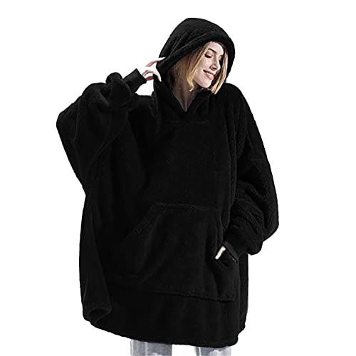 CUTIECLUB Manta con capucha para adultos, mujeres y hombres, manta de forro polar con capucha de gran tamaño y acogedora sudadera, Negro, talla única