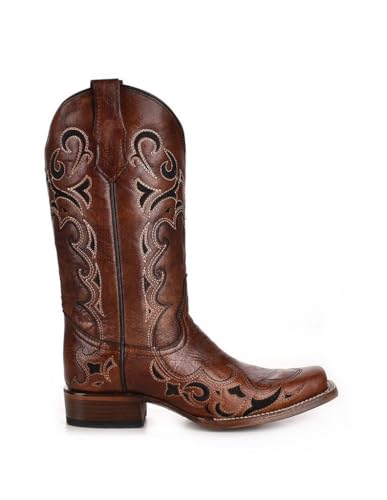 Circle G LADIE'S BROWN/BLACK EMBROIDERY SQ. TOE, LEATHER SOLE, WESTERN L55572