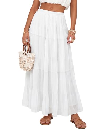 Facogoo Womens Chiffon Maxi Skirt Pleated Elastic High Waisted Tiered A-Line Boho Spring Flowy Long Skirts with Lining White