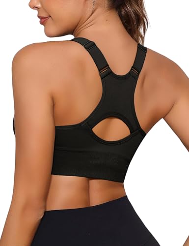 Aseniza Sportbeha voor dames, push-up, sportbeha, verstelbare sportbeha met brede bandjes, sterke grip, zonder beugel, gekruiste rug, gevoerd, fitness, hardlopen, joggen, yoga, zwart, L