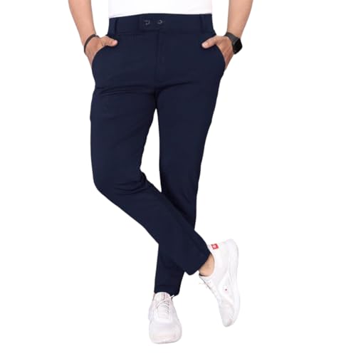 Image of MiraMichi Men's Slim Fit Stretchable Casual Mid Rise Trousers | Stylish Lycra Blend Pants for Office, Party