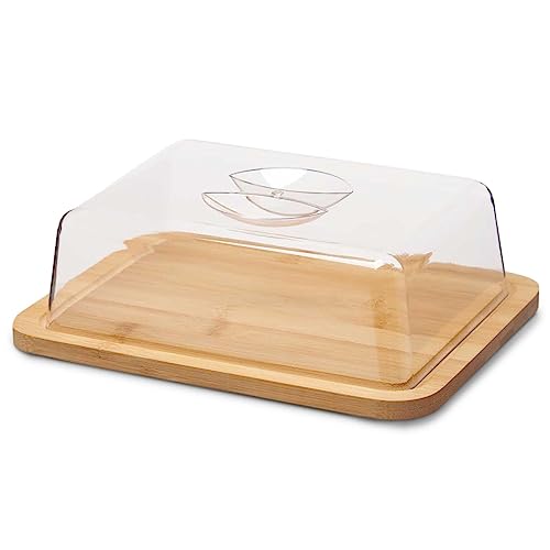 TIENDA EURASIA - Quesera Rectangular de Bambú, con Tapa de Plástico, 25x19x7,5cm, Material Reciclado, Marrón y Transparente, para servir Aperitivos, Quesos y Embutidos
