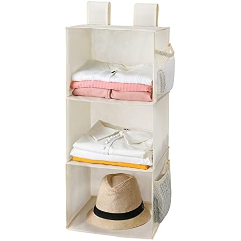 3-Shelf Hanging Closet Organizer, Hanging Sweater Organizer, Foldable Hanging Shelves for Closet with 2 Velcro, Beige Cover