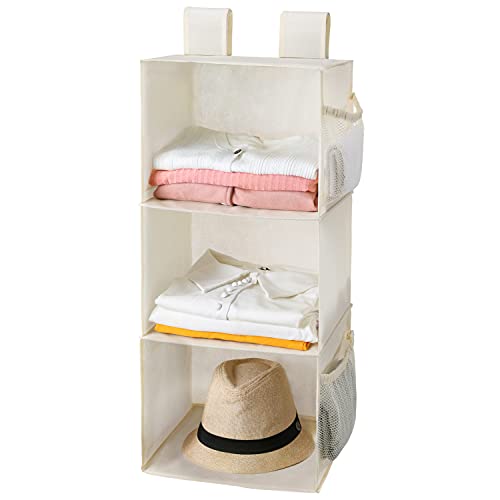 MAX Houser 3-Shelf Hanging Closet Organizer, Hanging Sweater Organizer, Foldable Hanging Shelves for Closet with 2 Velcro, Beige