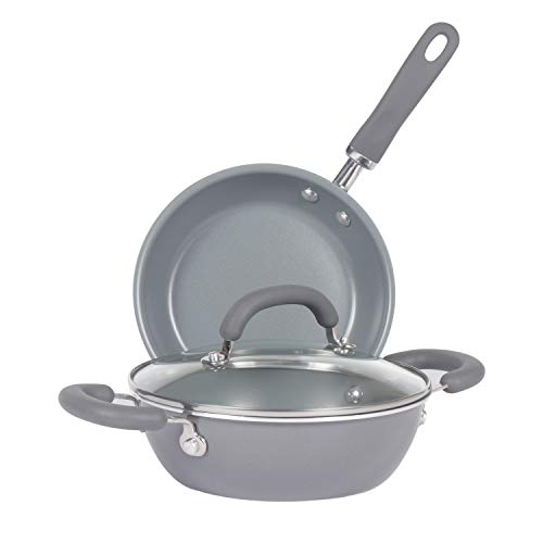 Image of Meyer Anzen Healthy Ceramic Coated Cookware Open Frypan, 28cm with Kadai with Lid, 30cm, Grey, 3-Piece Set