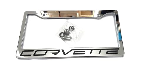 1PC C8 Corvette License Plate Frame - Chrome with C8 Crossed Flags Logo for 2020-2024 Stingray Z51 Z06 E-Ray Corvettes