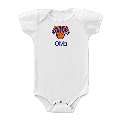 New York Knicks Custom Baby Bodysuit - Personalized Baby Name Embroidery & Official NBA Team Logo, Envelope Neck, Cotton, Double-Stitched, Supersoft, NBA Baby Bodysuit (White, 3-6 months)