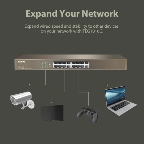 Image of Tenda TEG1016G, 16 Port Gigabit Switch, Unmanaged Rackmount Ethernet Switch with Traffic Optimization, Plug & Play, Fanless Quiet & Metal Design Network Switch, Limited Lifetime Protection