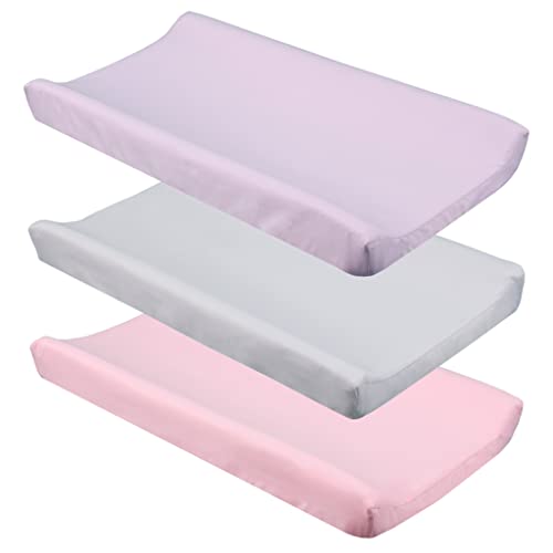 Image of CaSaJa Diaper Changing Pad Cover for Baby Girls Set of 3, Snug Fit 4-Sided Contoured Changing Table Pad 16x31 16x32, Fitted Change Pad Sheet Gray Purple Pink, 100% Silky Soft Breathable Microfiber