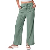 GMQWRK Pantalones de lino de algodón para mujer, cintura elástica, holgados, con bolsillos y dobladillo con abertura, pantalones casuales sueltos de longitud completa, pantalones de mujer con curvas