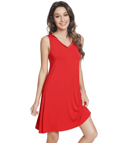 Image of NACHILA Nightgowns for Women-Viscose Made from Bamboo V Neck Nightshirts | Sleeveless Sleep Dress,Satin Sleepshirts,Anti-pilling nightshirt,Moisture-wicking Sleepwear for night sweats,Cooling,OEKOTAX