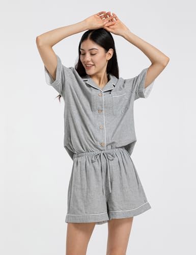Image of Womens Muslin Pajama Sets 100% Cotton Double Gauze Linen Like Short Pjs | Breathable Soft Comfort Button Up Loungewear Sleepwear PJ Set