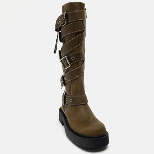 YIYA Women's Motorcycle Knee High Boots Buckle Round Toe Chunky Heel Combat Riding Biker Boots3