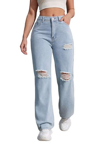 Women's Ripped Jeans Trendy Loose Distressed Fit Straight Leg Denim Jeans