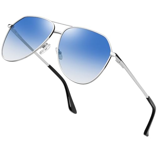 Joopin Oversize Blue Sunglasses for Men Women UV400 Protection, Silver Aviation Gradient Lens Sun Glasses, Military Shades Sunnies