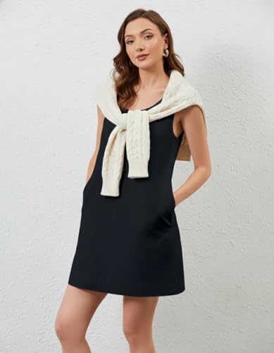 Image of Women Casual Tunic Tank Sundress Sleeveless A-Line Bow Mini Dresses Summer Shift Dress with Pockets Beach Short Dress Black
