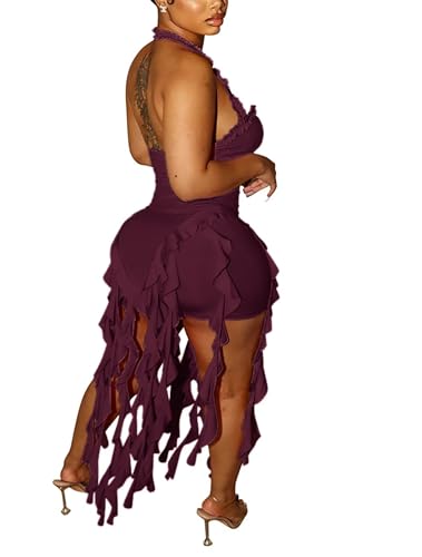 Image of Aro Lora Womens Sexy Halter Neck Sleeveless Ruffle Tassel Party Club Bodycon Mini Dress